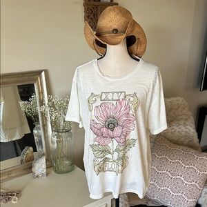 Lucky brand, boho floral, watercolor, cream, slub, cotton, graphic T-shirt, L